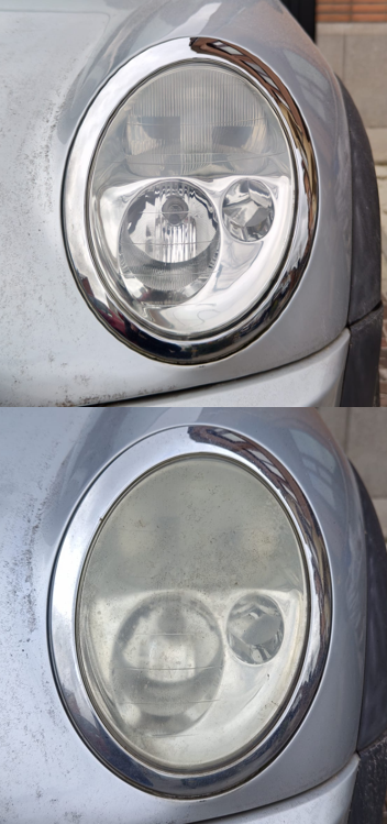 Koplampen polieren VOOR en NA side by side